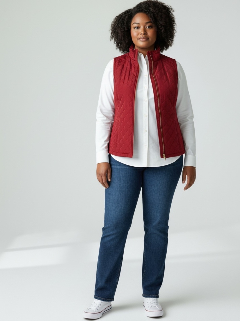 Adrienne Vittadini Red Quilted Puffer Vest Womens Large Gold Zip Ribbed NWT